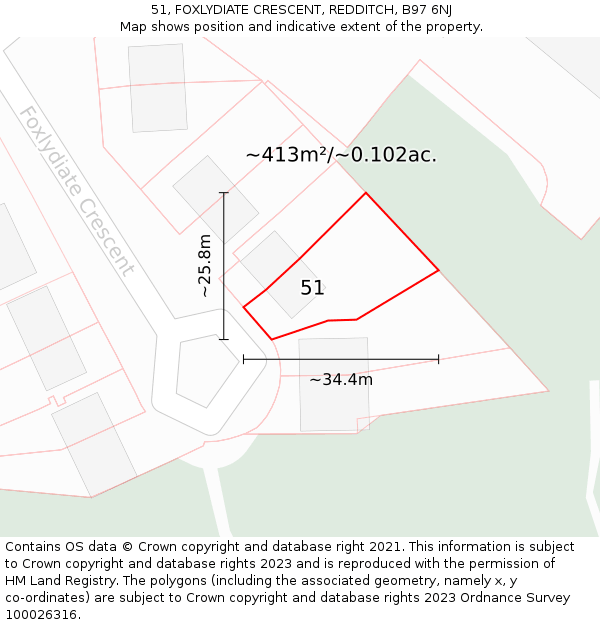 51, FOXLYDIATE CRESCENT, REDDITCH, B97 6NJ: Plot and title map