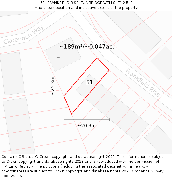 51, FRANKFIELD RISE, TUNBRIDGE WELLS, TN2 5LF: Plot and title map
