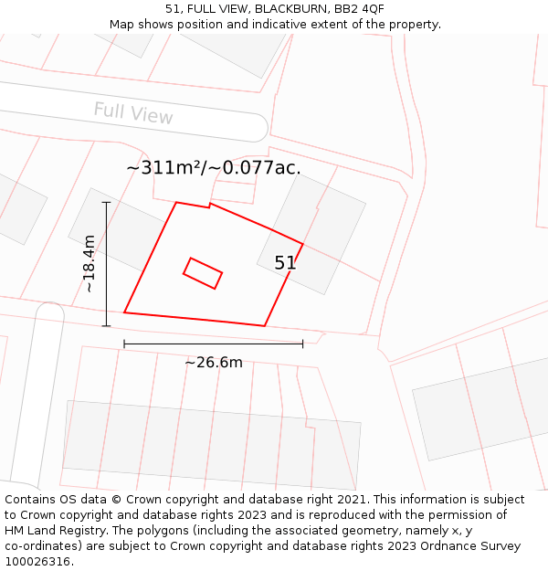 51, FULL VIEW, BLACKBURN, BB2 4QF: Plot and title map