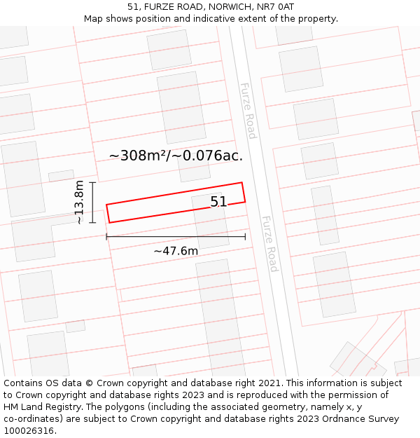 51, FURZE ROAD, NORWICH, NR7 0AT: Plot and title map