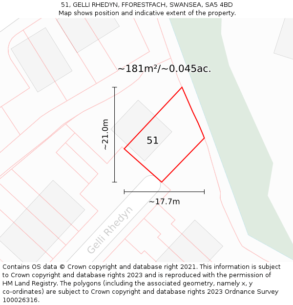 51, GELLI RHEDYN, FFORESTFACH, SWANSEA, SA5 4BD: Plot and title map