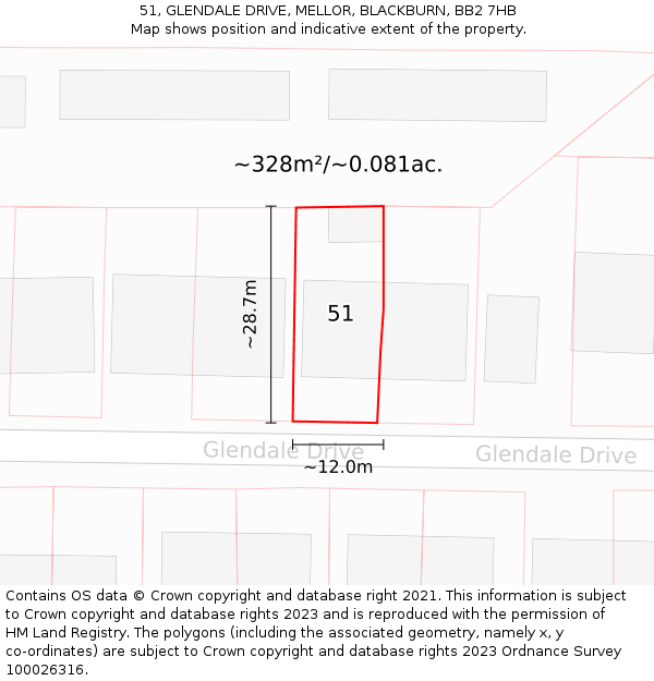 51, GLENDALE DRIVE, MELLOR, BLACKBURN, BB2 7HB: Plot and title map