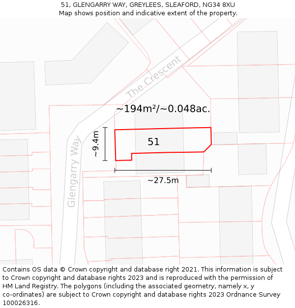 51, GLENGARRY WAY, GREYLEES, SLEAFORD, NG34 8XU: Plot and title map