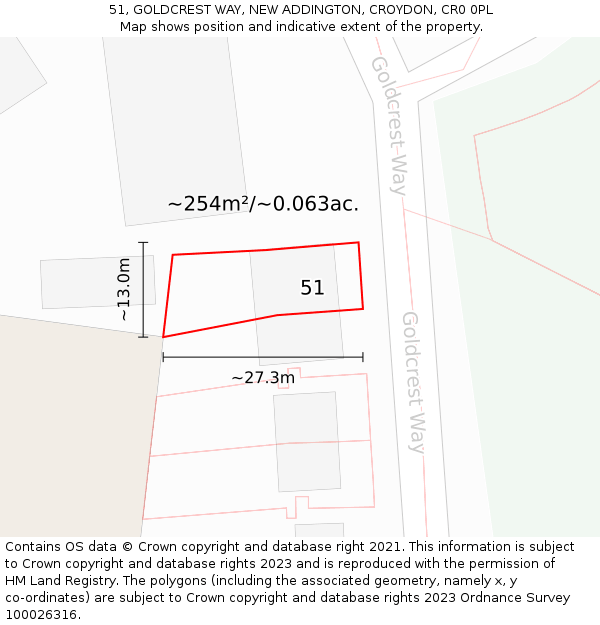 51, GOLDCREST WAY, NEW ADDINGTON, CROYDON, CR0 0PL: Plot and title map
