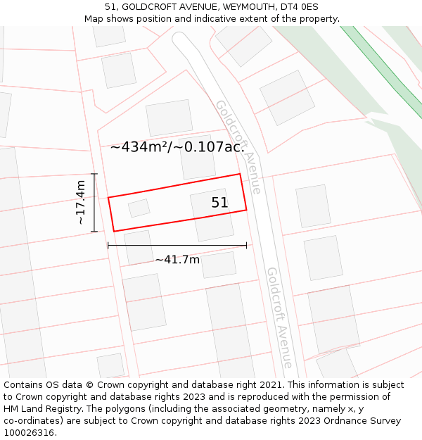51, GOLDCROFT AVENUE, WEYMOUTH, DT4 0ES: Plot and title map