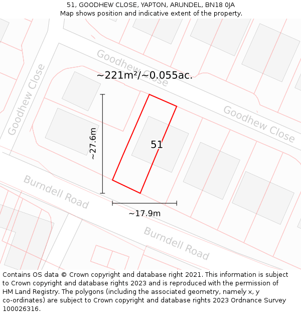 51, GOODHEW CLOSE, YAPTON, ARUNDEL, BN18 0JA: Plot and title map