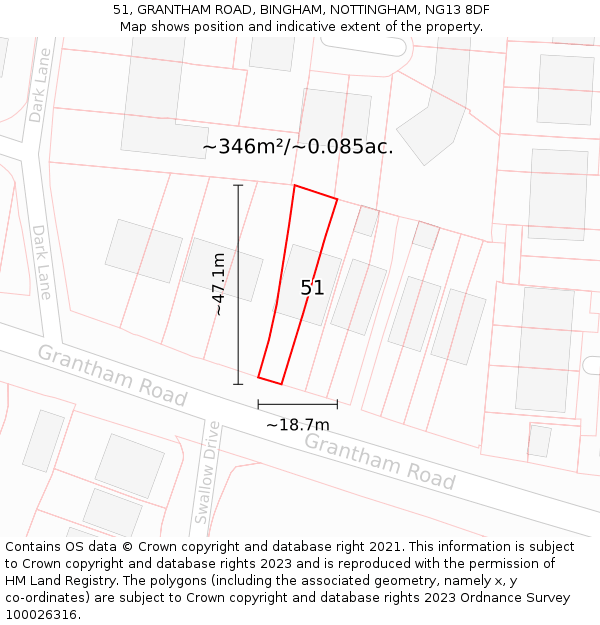 51, GRANTHAM ROAD, BINGHAM, NOTTINGHAM, NG13 8DF: Plot and title map
