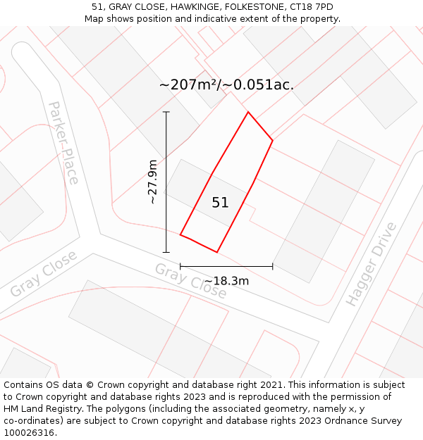 51, GRAY CLOSE, HAWKINGE, FOLKESTONE, CT18 7PD: Plot and title map
