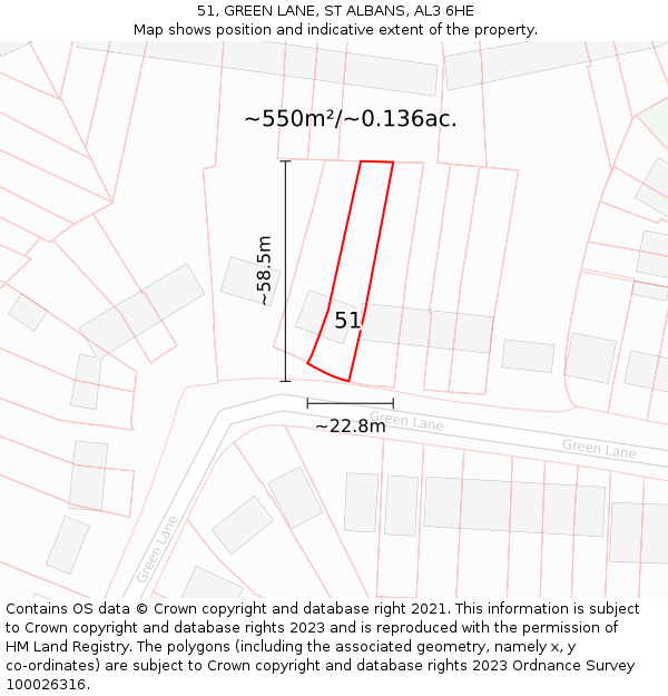 51, GREEN LANE, ST ALBANS, AL3 6HE: Plot and title map
