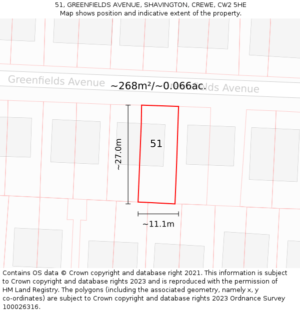 51, GREENFIELDS AVENUE, SHAVINGTON, CREWE, CW2 5HE: Plot and title map