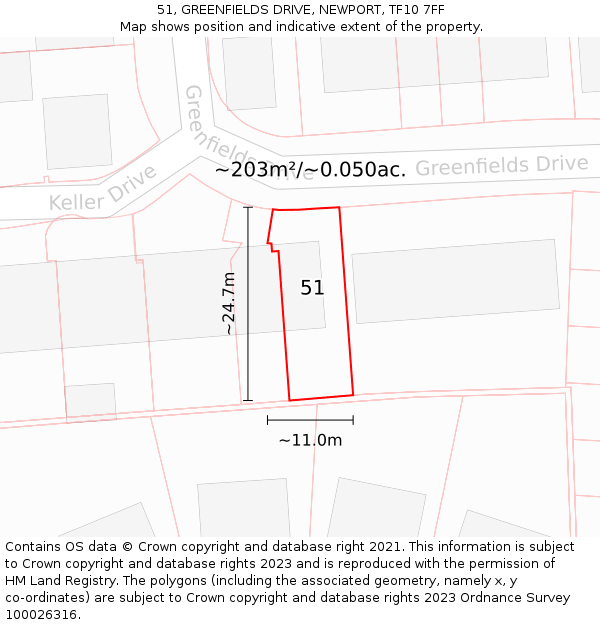 51, GREENFIELDS DRIVE, NEWPORT, TF10 7FF: Plot and title map
