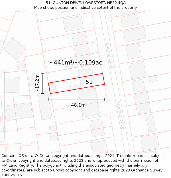 51, GUNTON DRIVE, LOWESTOFT, NR32 4QA: Plot and title map