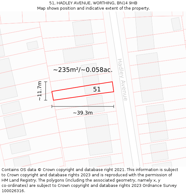 51, HADLEY AVENUE, WORTHING, BN14 9HB: Plot and title map