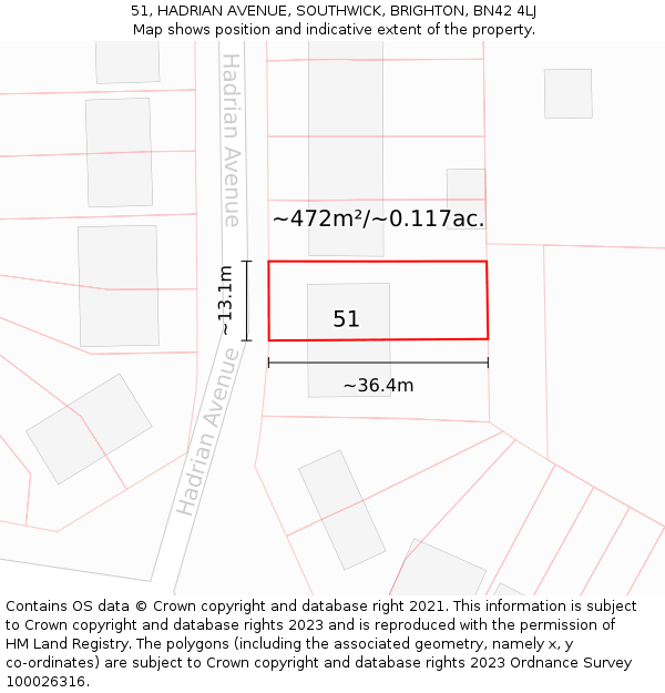 51, HADRIAN AVENUE, SOUTHWICK, BRIGHTON, BN42 4LJ: Plot and title map