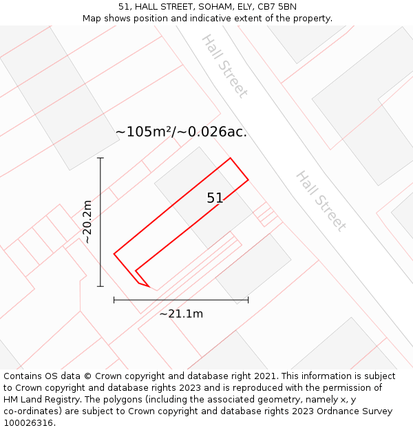 51, HALL STREET, SOHAM, ELY, CB7 5BN: Plot and title map