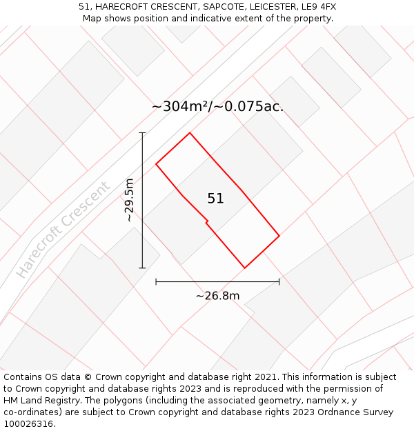 51, HARECROFT CRESCENT, SAPCOTE, LEICESTER, LE9 4FX: Plot and title map
