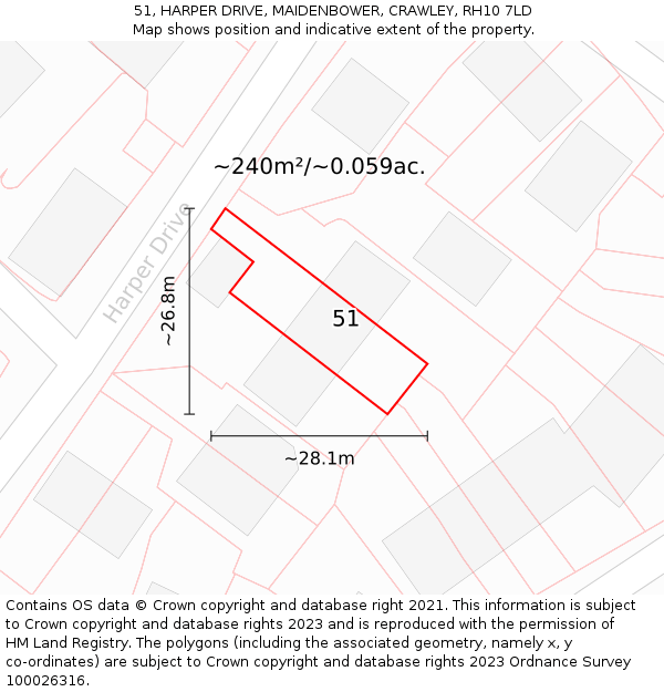 51, HARPER DRIVE, MAIDENBOWER, CRAWLEY, RH10 7LD: Plot and title map