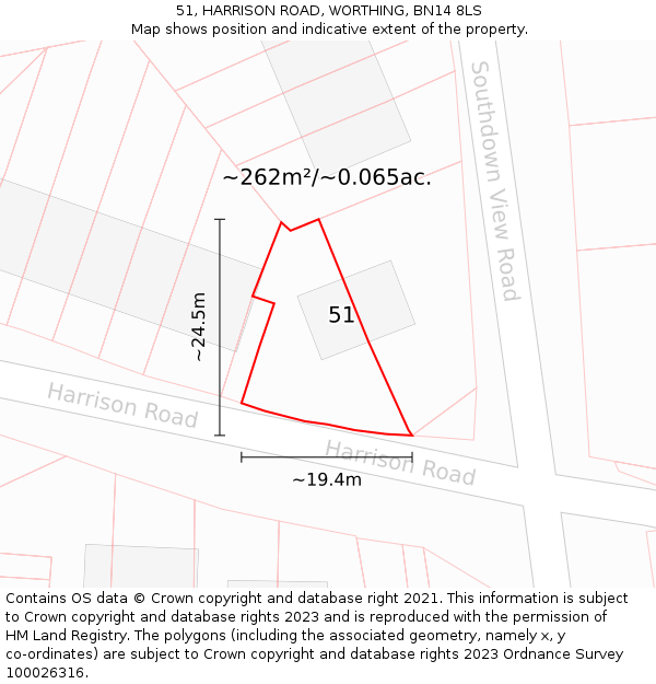 51, HARRISON ROAD, WORTHING, BN14 8LS: Plot and title map