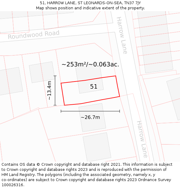 51, HARROW LANE, ST LEONARDS-ON-SEA, TN37 7JY: Plot and title map
