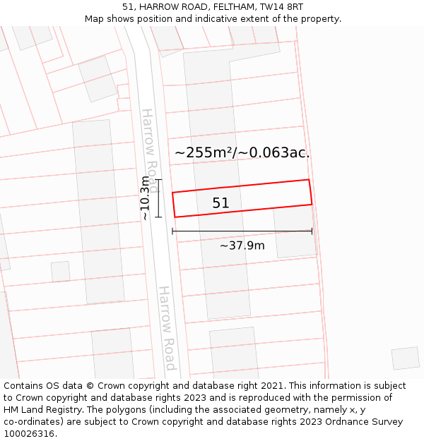 51, HARROW ROAD, FELTHAM, TW14 8RT: Plot and title map