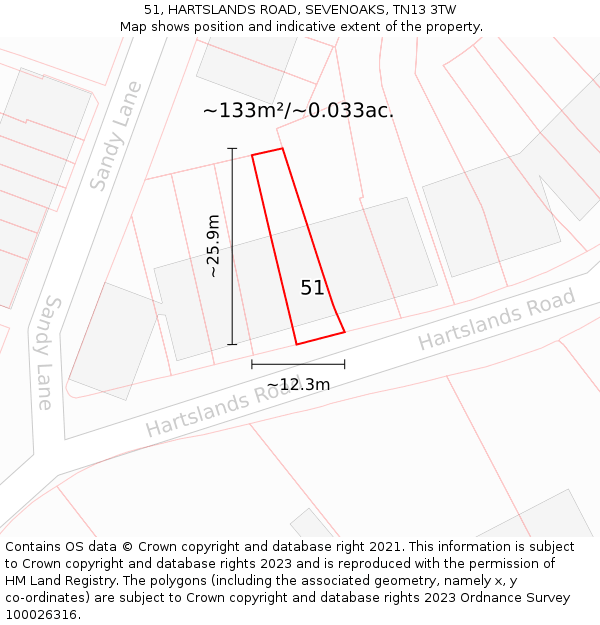 51, HARTSLANDS ROAD, SEVENOAKS, TN13 3TW: Plot and title map