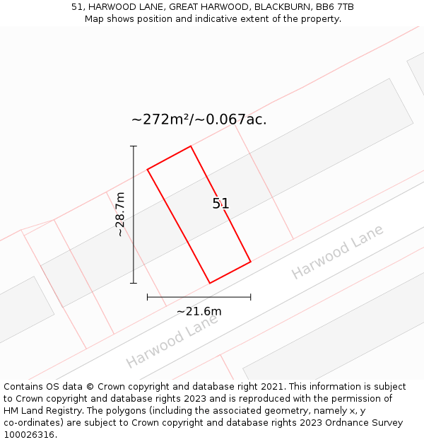 51, HARWOOD LANE, GREAT HARWOOD, BLACKBURN, BB6 7TB: Plot and title map