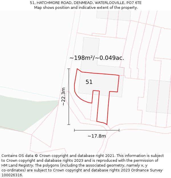 51, HATCHMORE ROAD, DENMEAD, WATERLOOVILLE, PO7 6TE: Plot and title map