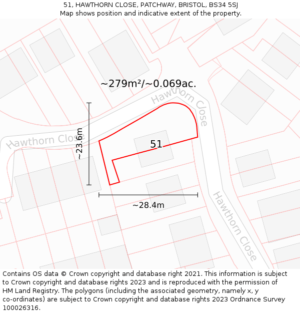 51, HAWTHORN CLOSE, PATCHWAY, BRISTOL, BS34 5SJ: Plot and title map