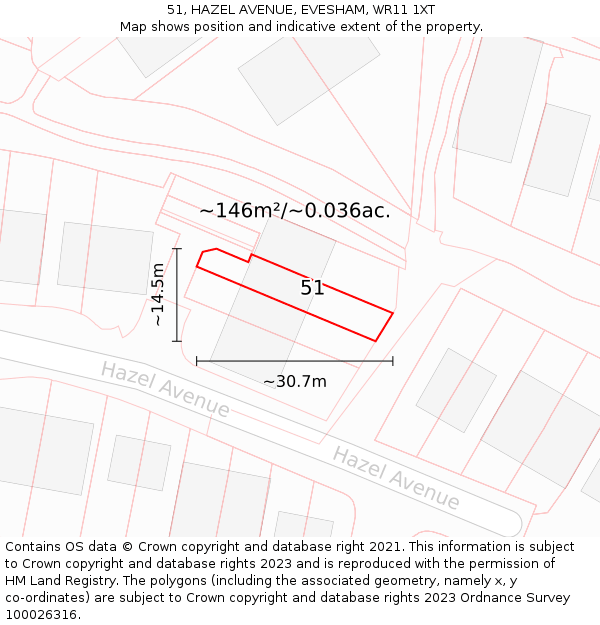 51, HAZEL AVENUE, EVESHAM, WR11 1XT: Plot and title map
