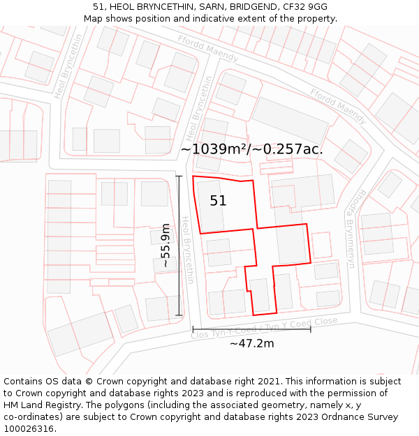 51, HEOL BRYNCETHIN, SARN, BRIDGEND, CF32 9GG: Plot and title map