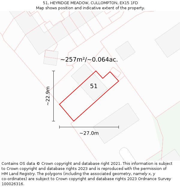 51, HEYRIDGE MEADOW, CULLOMPTON, EX15 1FD: Plot and title map