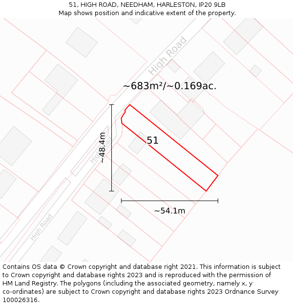 51, HIGH ROAD, NEEDHAM, HARLESTON, IP20 9LB: Plot and title map