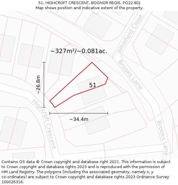 51, HIGHCROFT CRESCENT, BOGNOR REGIS, PO22 8DJ: Plot and title map