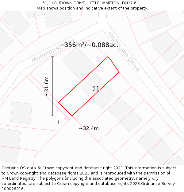 51, HIGHDOWN DRIVE, LITTLEHAMPTON, BN17 6HH: Plot and title map