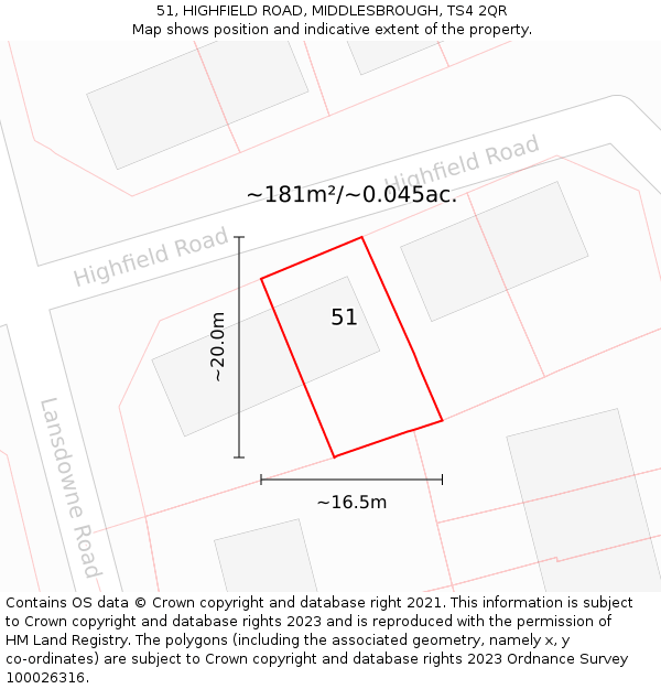 51, HIGHFIELD ROAD, MIDDLESBROUGH, TS4 2QR: Plot and title map