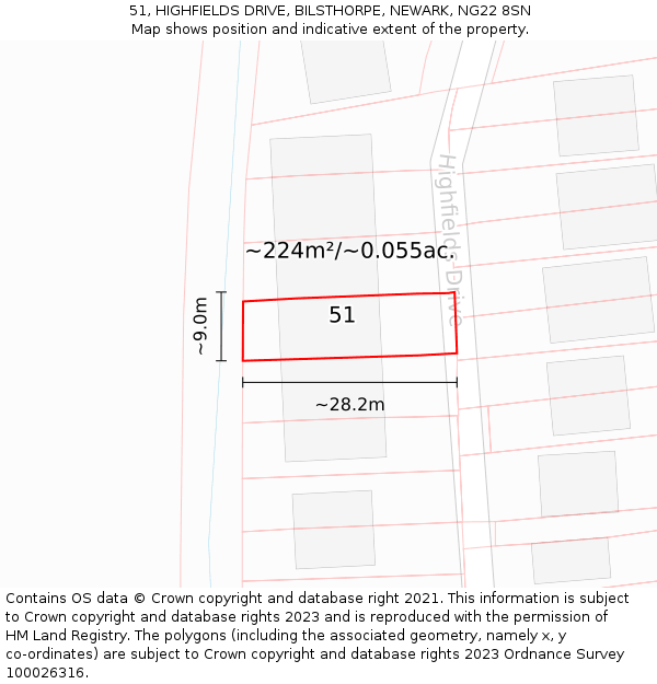 51, HIGHFIELDS DRIVE, BILSTHORPE, NEWARK, NG22 8SN: Plot and title map