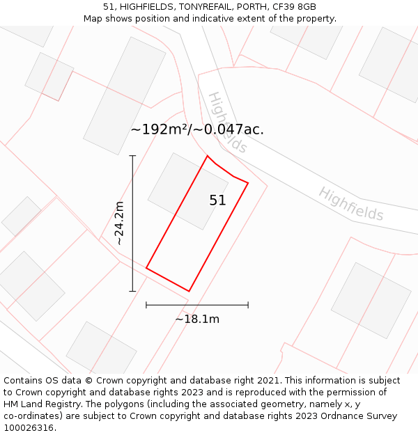 51, HIGHFIELDS, TONYREFAIL, PORTH, CF39 8GB: Plot and title map