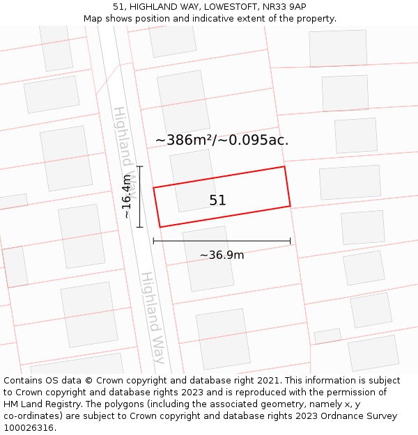 51, HIGHLAND WAY, LOWESTOFT, NR33 9AP: Plot and title map