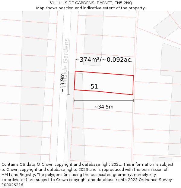51, HILLSIDE GARDENS, BARNET, EN5 2NQ: Plot and title map