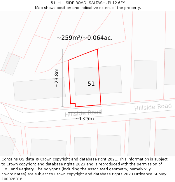 51, HILLSIDE ROAD, SALTASH, PL12 6EY: Plot and title map