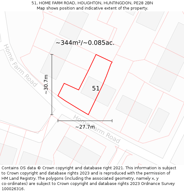 51, HOME FARM ROAD, HOUGHTON, HUNTINGDON, PE28 2BN: Plot and title map