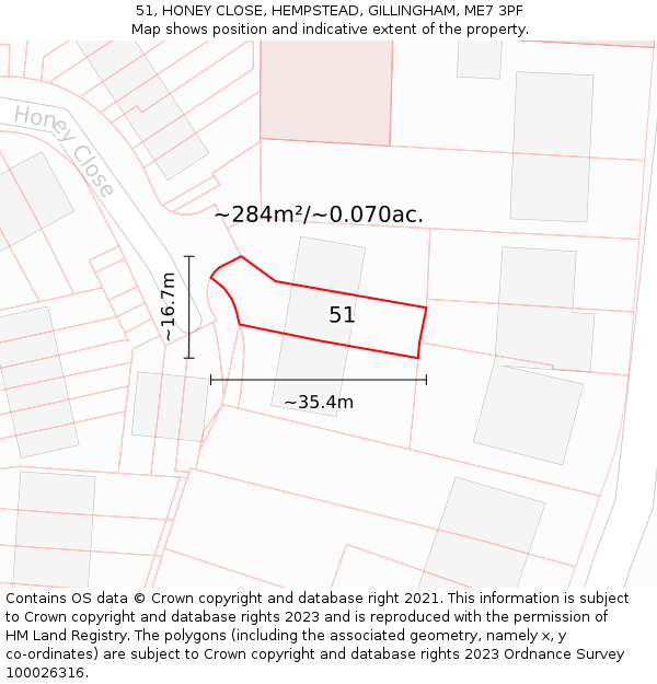 51, HONEY CLOSE, HEMPSTEAD, GILLINGHAM, ME7 3PF: Plot and title map