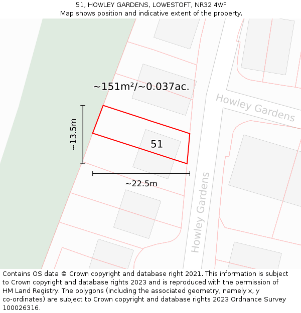 51, HOWLEY GARDENS, LOWESTOFT, NR32 4WF: Plot and title map
