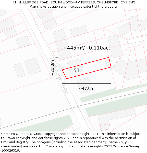 51, HULLBRIDGE ROAD, SOUTH WOODHAM FERRERS, CHELMSFORD, CM3 5NG: Plot and title map