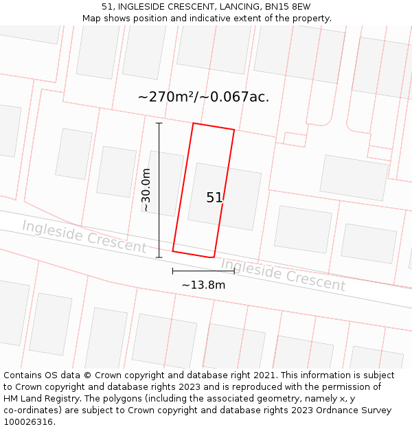 51, INGLESIDE CRESCENT, LANCING, BN15 8EW: Plot and title map