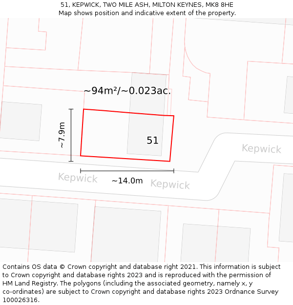 51, KEPWICK, TWO MILE ASH, MILTON KEYNES, MK8 8HE: Plot and title map