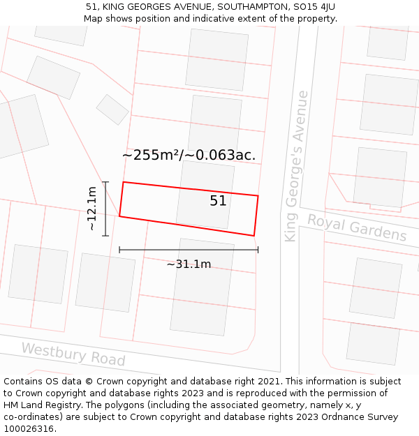 51, KING GEORGES AVENUE, SOUTHAMPTON, SO15 4JU: Plot and title map