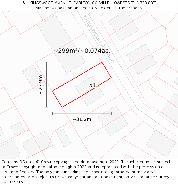 51, KINGSWOOD AVENUE, CARLTON COLVILLE, LOWESTOFT, NR33 8BZ: Plot and title map