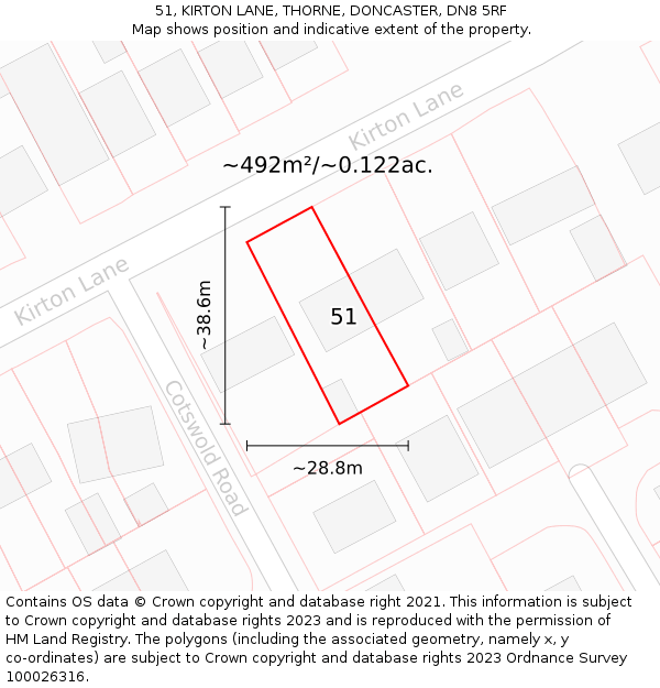 51, KIRTON LANE, THORNE, DONCASTER, DN8 5RF: Plot and title map