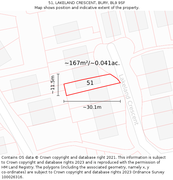 51, LAKELAND CRESCENT, BURY, BL9 9SF: Plot and title map